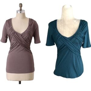 NWT Anthropologie Deletta Teal Green Grecian Ruched Crisscross Tee - S